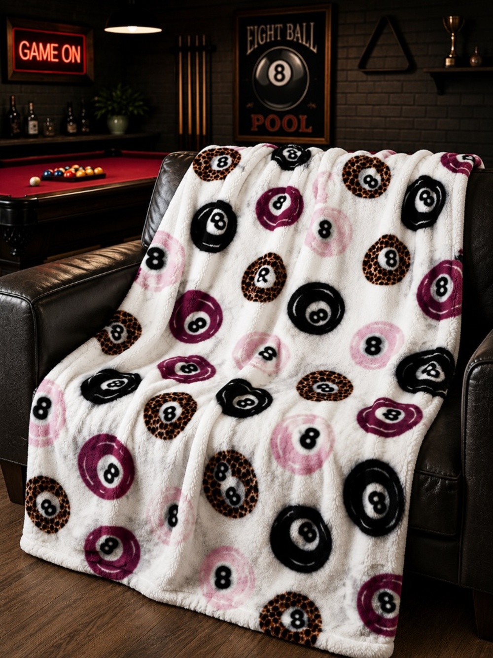 Adirondack Berkshire Blanket 8 Ball Leopard Pool Plush Throw 60x70 White Black